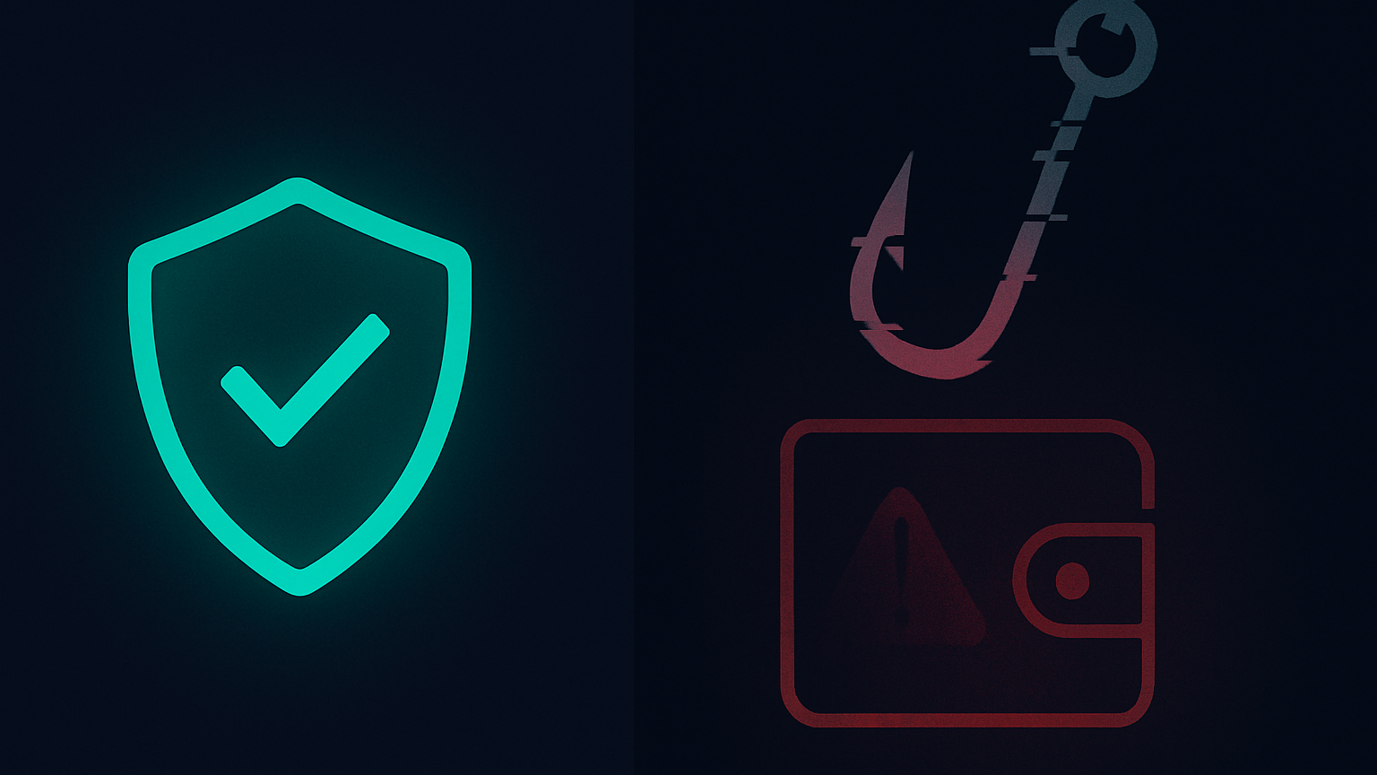A verified shield on one side; a phishing hook reaching for a wallet on the other.