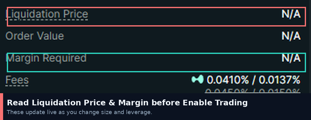 Liquidation price, margin required and fees shown beneath the Hyperliquid order ticket before confirming